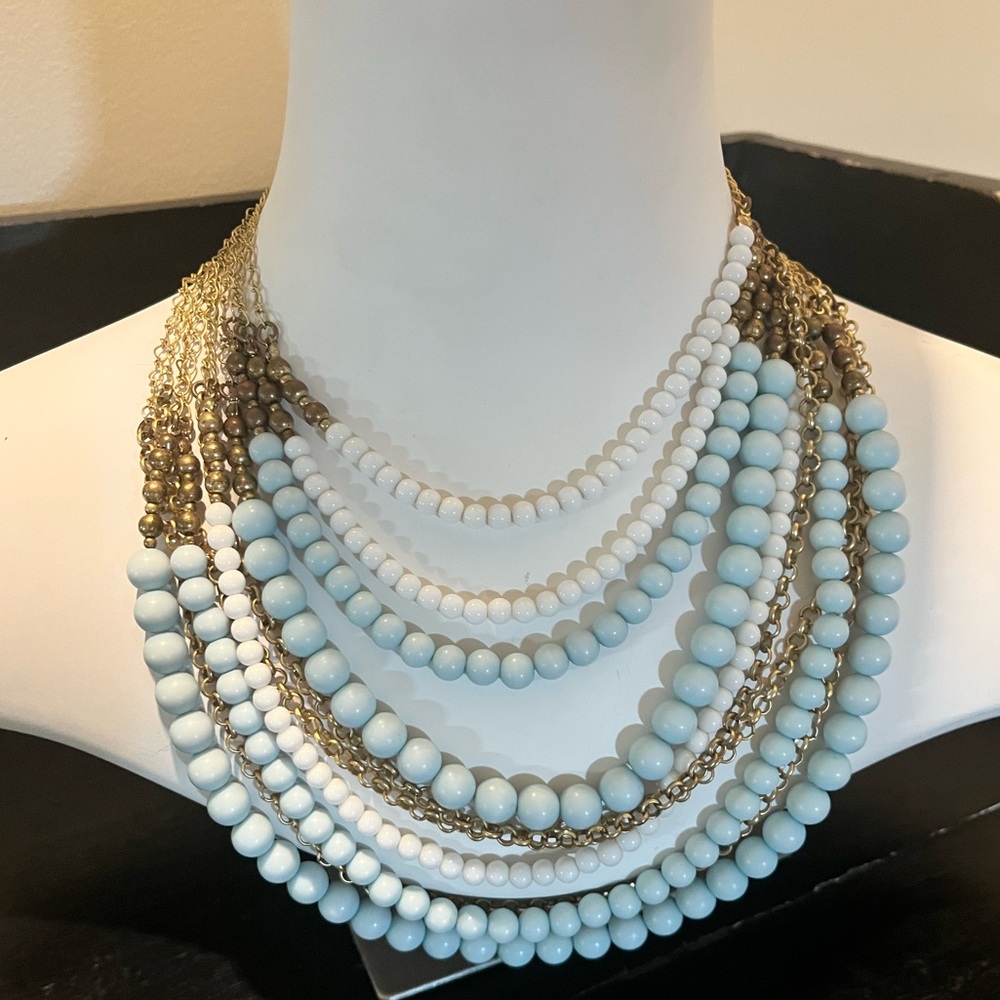 Talbots Blue & White Multi Strand Beaded Statement Necklace